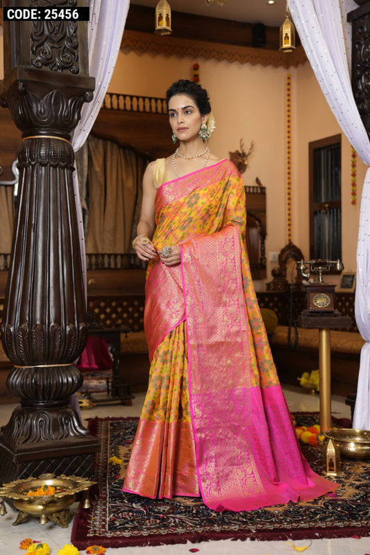 Yellow color soft organza silk saree with zari weaving work