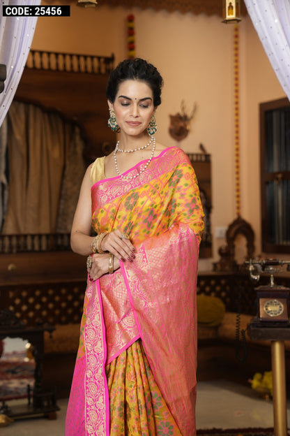 Yellow color soft organza silk saree with zari weaving work