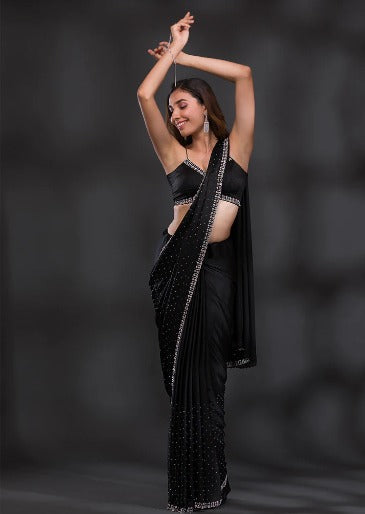 Black Stonework Satin Saree