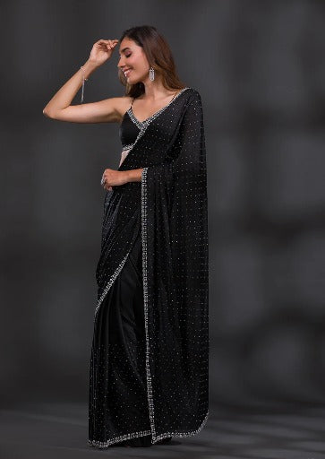 Black Stonework Satin Saree