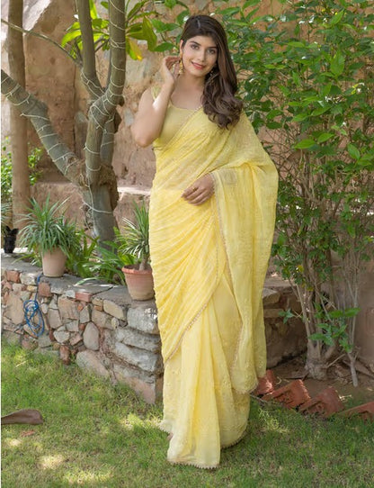 HOUSE OF JAMOTI Butterfly Lemon Shimmer Sequin Saree