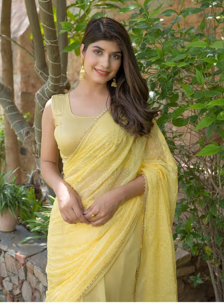 HOUSE OF JAMOTI Butterfly Lemon Shimmer Sequin Saree