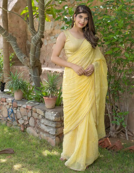 HOUSE OF JAMOTI Butterfly Lemon Shimmer Sequin Saree