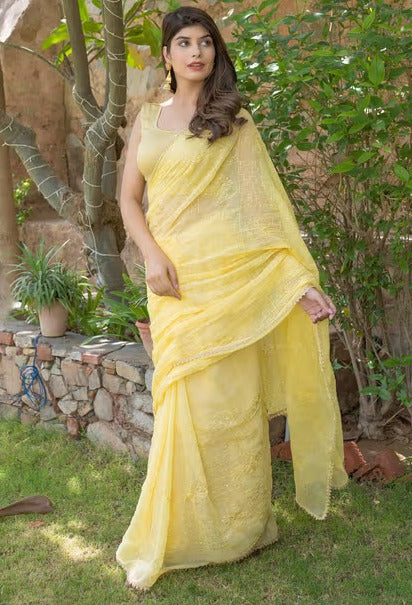 HOUSE OF JAMOTI Butterfly Lemon Shimmer Sequin Saree