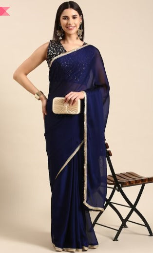 NEW SEASON HERE&NOW Navy Blue & Gold-Toned Beads and Stones Pure Georgette Saree