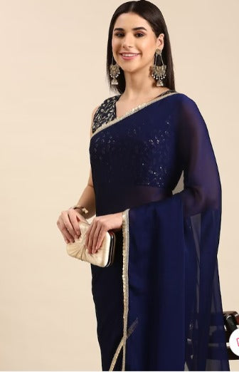 NEW SEASON HERE&NOW Navy Blue & Gold-Toned Beads and Stones Pure Georgette Saree