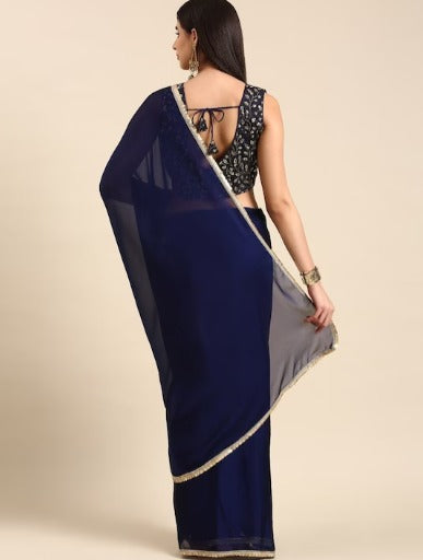 NEW SEASON HERE&NOW Navy Blue & Gold-Toned Beads and Stones Pure Georgette Saree