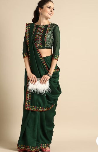 Olive Green & Multicoloured Solid Saree