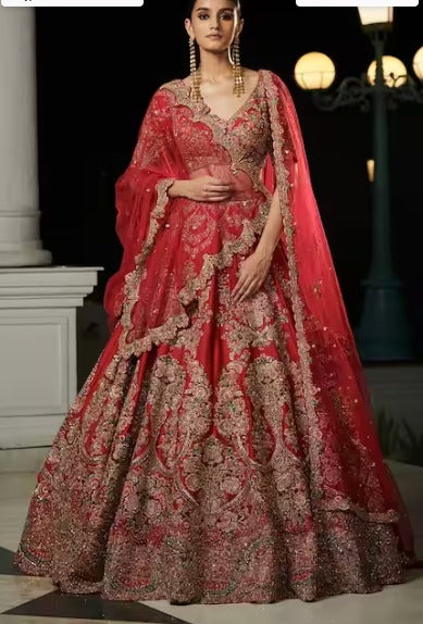 Red Raw Silk V Neck Aubre Embroidered Lehenga Set For Women