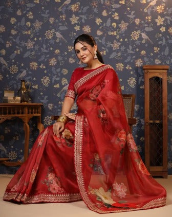 House of Pataudi Embroidered Organza Saree