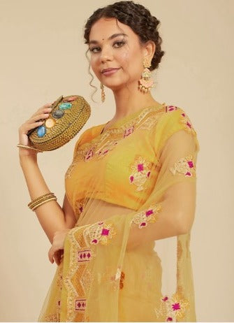 All about you Mustard Yellow Ethnic Motifs Embroidered Net Saree