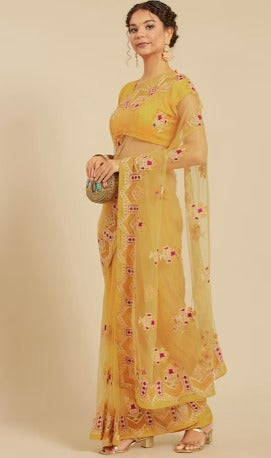 All about you Mustard Yellow Ethnic Motifs Embroidered Net Saree