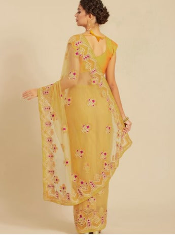 All about you Mustard Yellow Ethnic Motifs Embroidered Net Saree