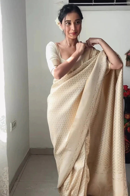 EXCELLENT 1-MINUTE READY TO WEAR BEIGE KANJIVARAM SILK SAREE