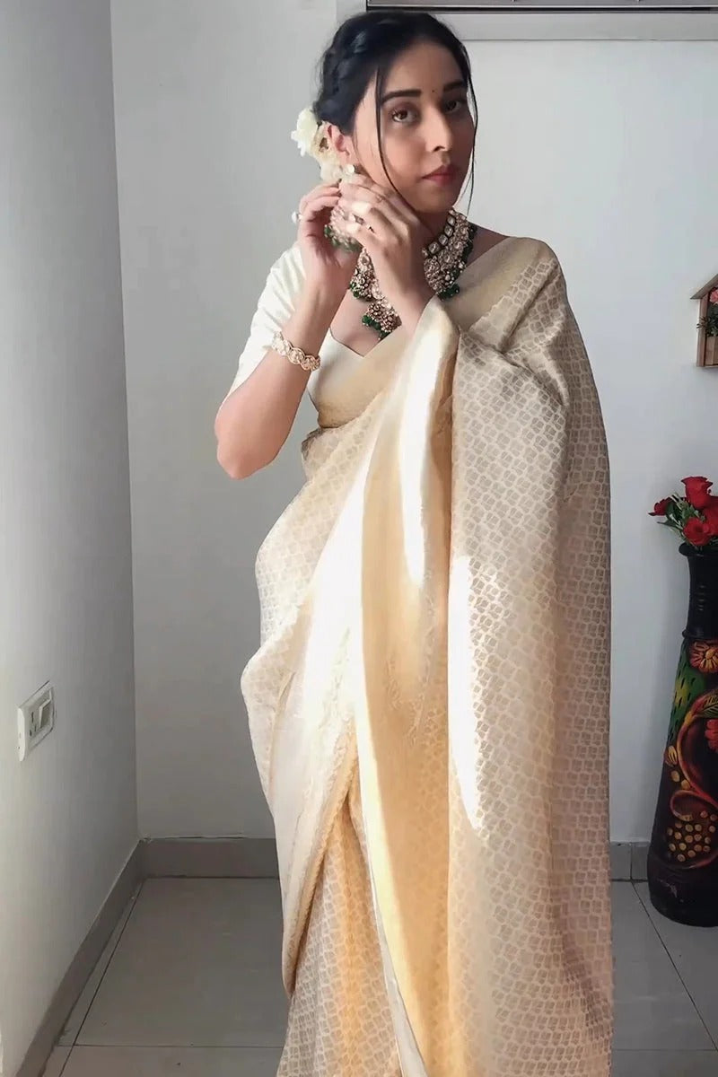 EXCELLENT 1-MINUTE READY TO WEAR BEIGE KANJIVARAM SILK SAREE