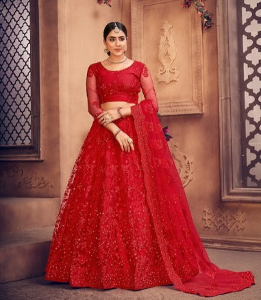 Red Embroidered Thread Work Semi-Stitched Lehenga Choli