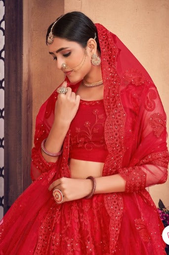 Red Embroidered Thread Work Semi-Stitched Lehenga Choli