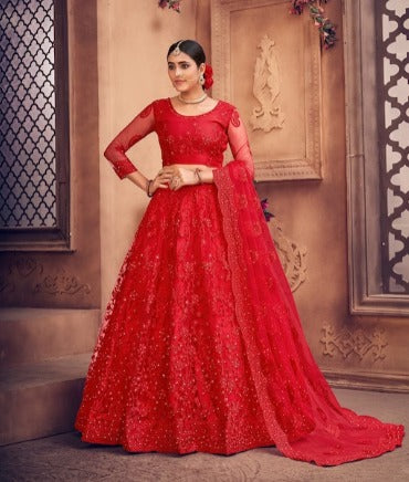 Red Embroidered Thread Work Semi-Stitched Lehenga Choli