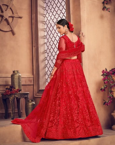 Red Embroidered Thread Work Semi-Stitched Lehenga Choli