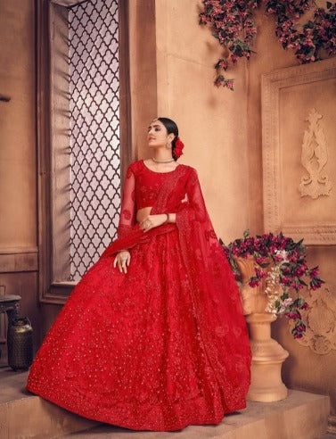 Red Embroidered Thread Work Semi-Stitched Lehenga Choli