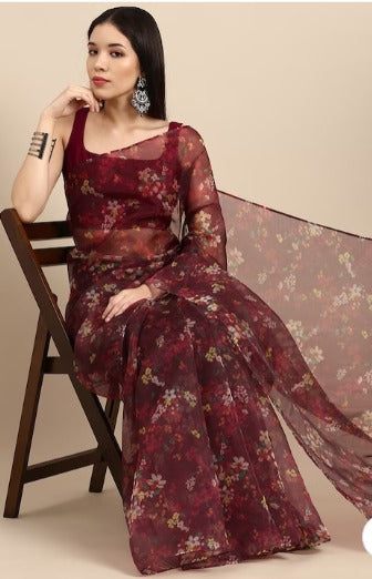 Maroon Floral Organza Saree