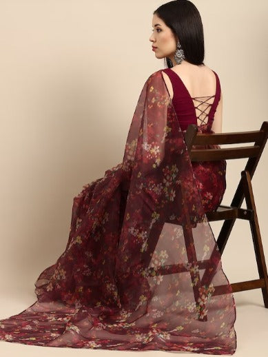 Maroon Floral Organza Saree