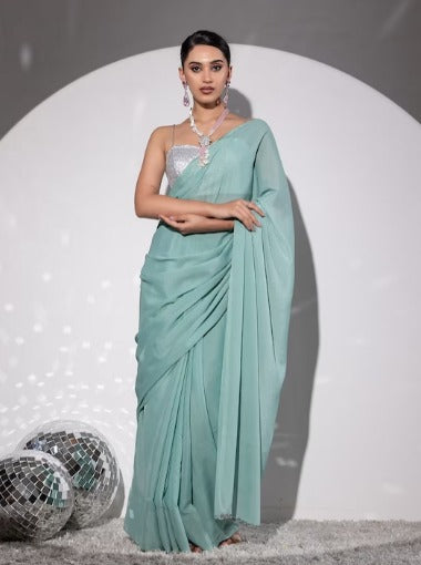 Swtantra Blue & Silver-Toned Solid Sequinned Saree