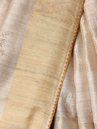 Beige Pure Tussar Silk Embroidered Saree