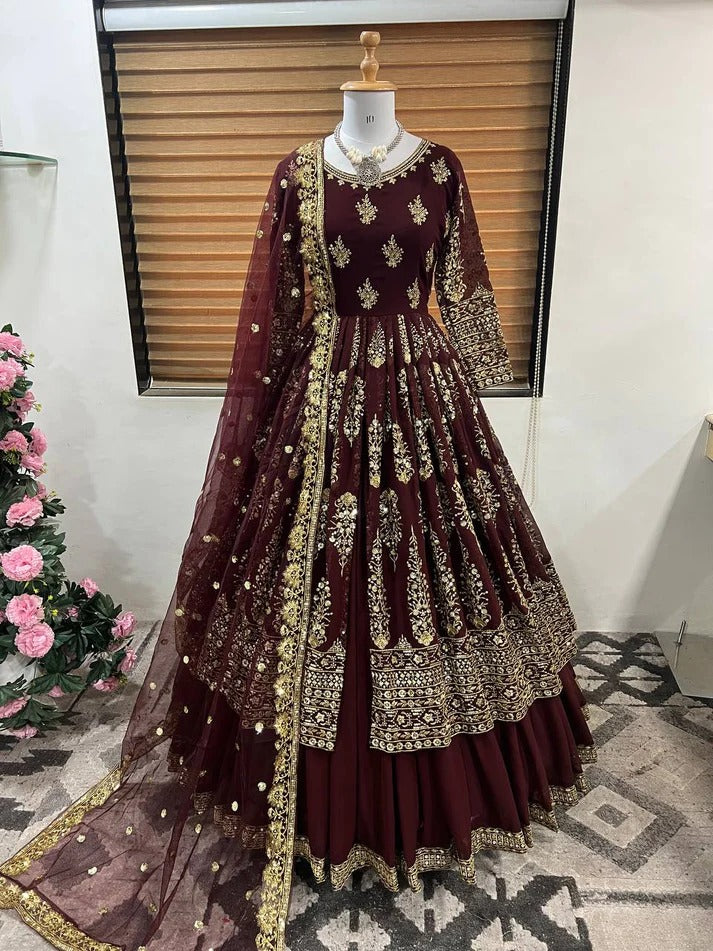 Wine Color Embroidery And Sequence Work Lehenga Choli