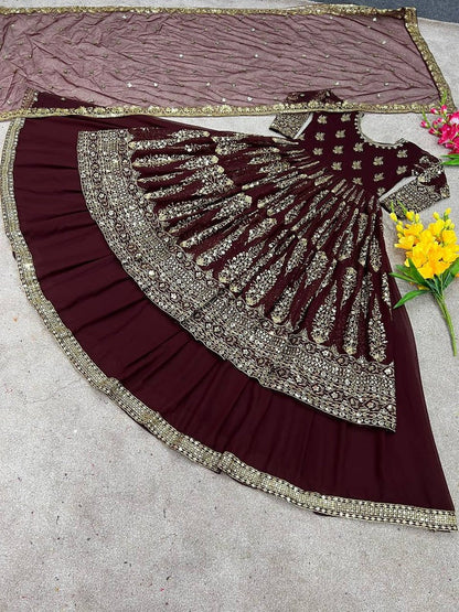 Wine Color Embroidery And Sequence Work Lehenga Choli