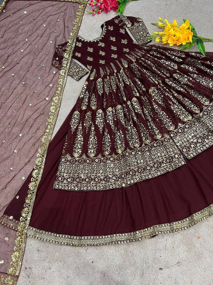 Wine Color Embroidery And Sequence Work Lehenga Choli