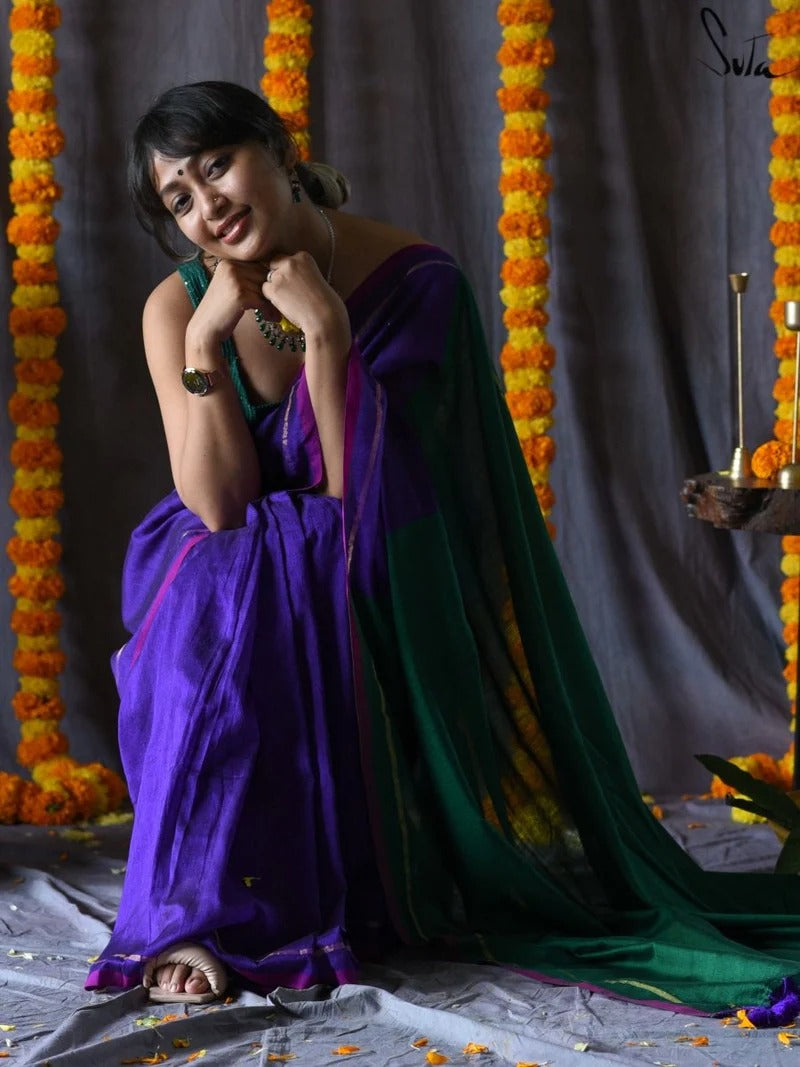 JUNGLEE JAMUN (SAREE) Violet Green Acrylic Cotton Tassel Zari Saree With Blouse Piece