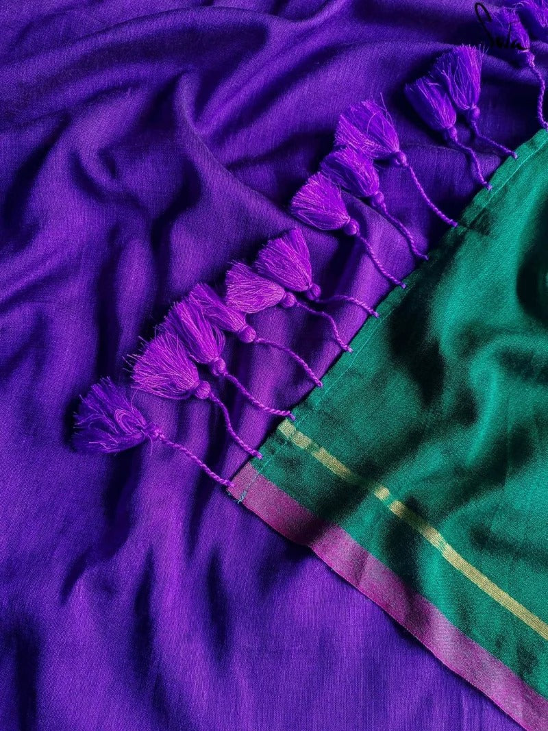 JUNGLEE JAMUN (SAREE) Violet Green Acrylic Cotton Tassel Zari Saree With Blouse Piece