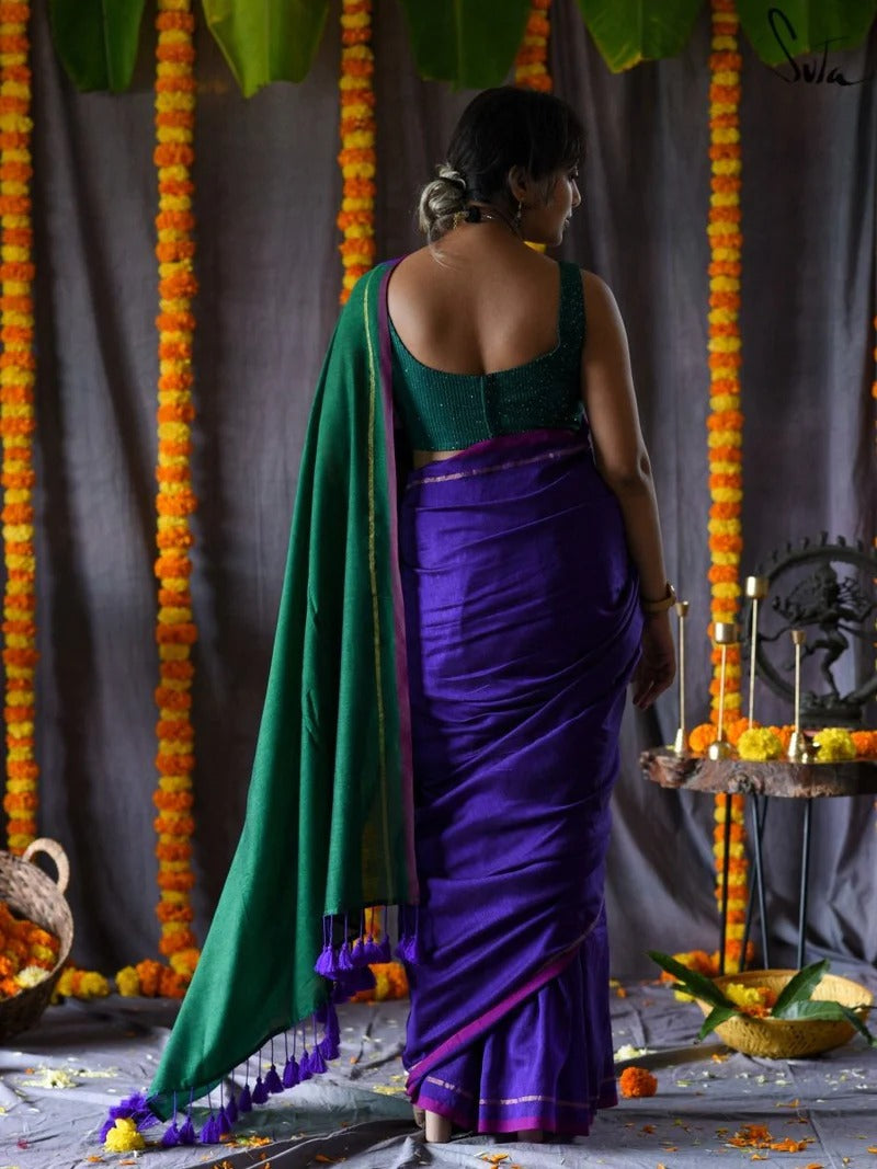 JUNGLEE JAMUN (SAREE) Violet Green Acrylic Cotton Tassel Zari Saree With Blouse Piece