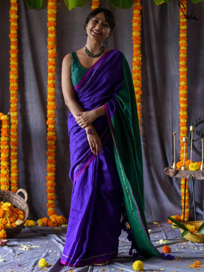 JUNGLEE JAMUN (SAREE) Violet Green Acrylic Cotton Tassel Zari Saree With Blouse Piece