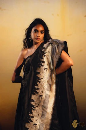 Black Pure Katan Silk Banarasi Handloom Saree