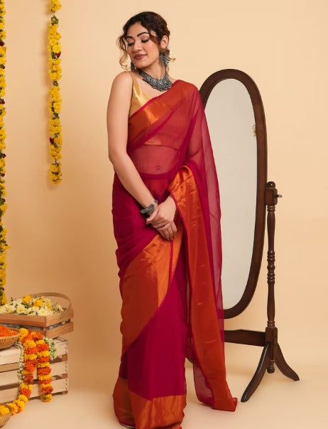 TEEJH SANAH PINK CHIFFON READY TO DRAPE SAREE