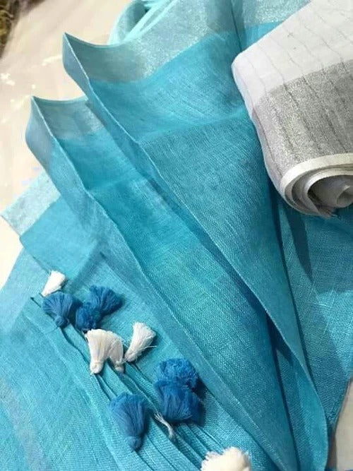 SKY BLUE COLOUR WOMEN'S PLAIN LINEN SAREE WITH PARTY WEAR