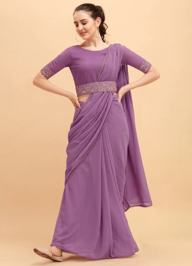 Women Purple Solid Georgette Saree with Embellished Belt