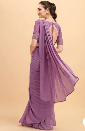 Women Purple Solid Georgette Saree with Embellished Belt