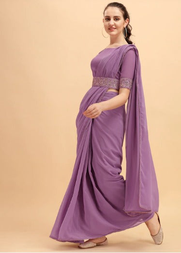 Women Purple Solid Georgette Saree with Embellished Belt