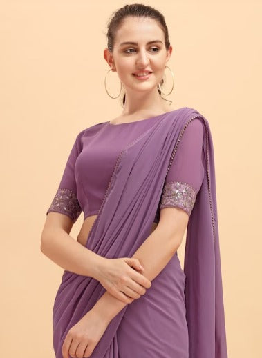 Women Purple Solid Georgette Saree with Embellished Belt