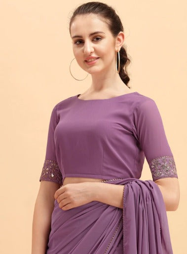 Women Purple Solid Georgette Saree with Embellished Belt