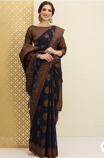 House of Pataudi Navy Blue & Bronze-Toned Ethnic Motifs Beads & Stones Saree