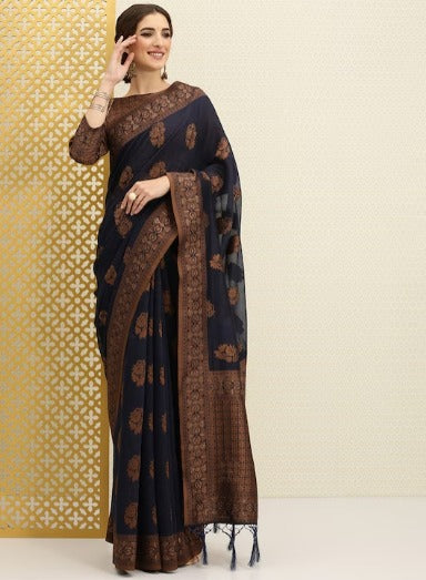 House of Pataudi Navy Blue & Bronze-Toned Ethnic Motifs Beads & Stones Saree