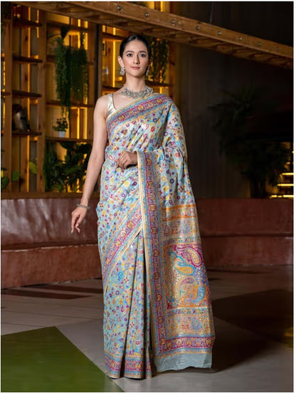 Light Blue Modal Silk Kashmiri Design Woven Saree with Unstitched Blouse