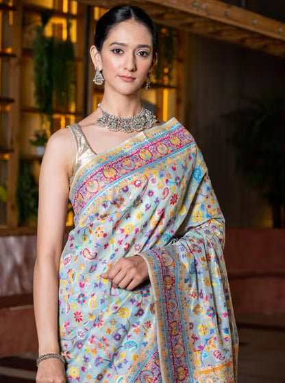 Light Blue Modal Silk Kashmiri Design Woven Saree with Unstitched Blouse