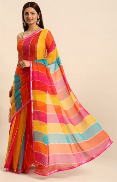 HERE&NOW Striped Zari Pure Georgette Bandhani Saree