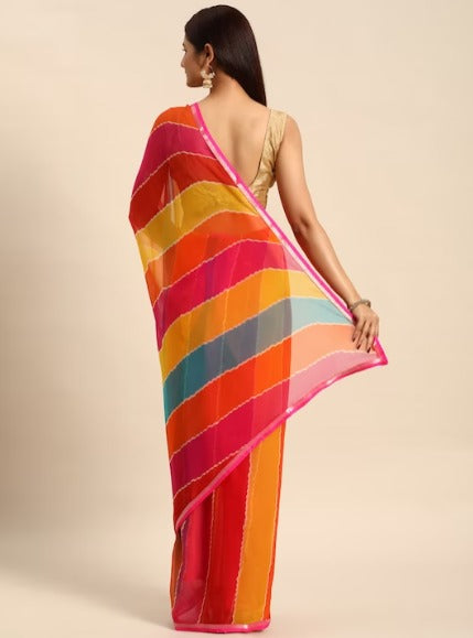 HERE&NOW Striped Zari Pure Georgette Bandhani Saree