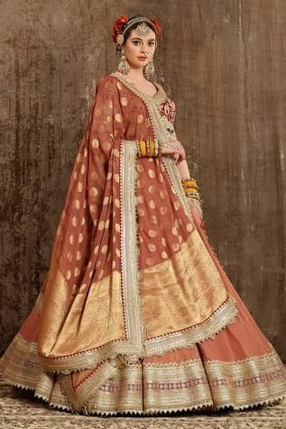 SHIKHAR SHARMA WOMEN Orange Lehenga: Cotton Shimmer Chanderi Embroidery Zari Leaf Neck Set For Women